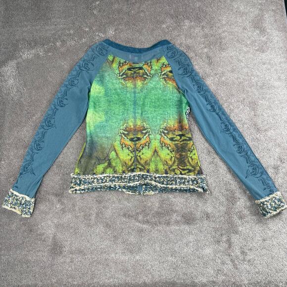 Boho Zip Up Cardigan Size S Emma G Mixed Media Sweater Blue Green Fairy - Picture 3 of 5
